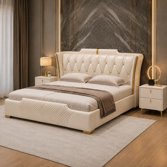 🟢 IN STOCK 3 Piece Bedroom SET Modern Italian Luxury Sweet Night White Vanilla Leather Upholstery with 2 Side Tables