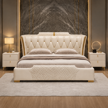 🟢 IN STOCK 3 Piece Bedroom SET Modern Italian Luxury Sweet Night White Vanilla Leather Upholstery with 2 Side Tables