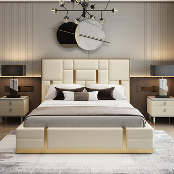 Signature Symmetric Solid Wood Gold Brushed Upholstered Leather Bedframe Gas Lifting