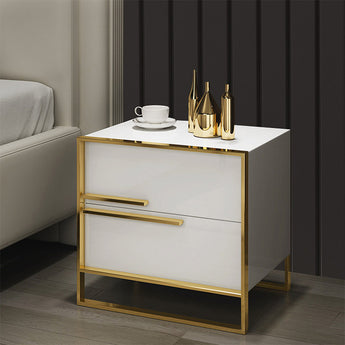 Symmetric High Gloss Nightstand with Brushed Gold Frame