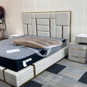 Signature Luxury Symmetric King Gas Lifting 2 Piece Taupe Beige Leather Upholstery Bedroom Suite Set