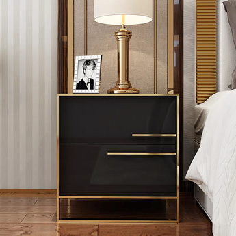 Symmetric High Gloss Nightstand with Brushed Gold Frame