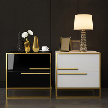 Symmetric High Gloss Nightstand with Brushed Gold Frame