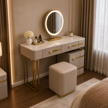 🟢 IN STOCK Modern Luxury La Parisienne 4 Piece Marble Top Leather Upholstery Dresser Dressing Table Set