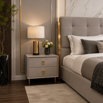 🟢 IN STOCK Modern Luxury Monarch Two-Drawer Leather Nightstand Side Table - Taupe