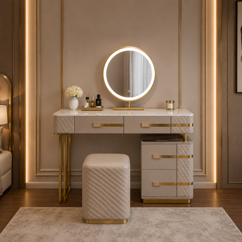 🟢 IN STOCK Modern Luxury La Parisienne 4 Piece Marble Top Leather Upholstery Dresser Dressing Table Set