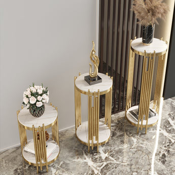 Throne Modern Luxury Double Marble Tempered Glass Top Round Side Table Flower Stand Set