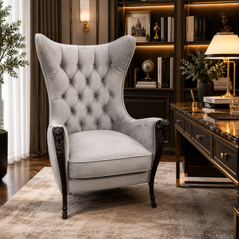 Throne King Crystal Tufted Upholstered Velvet Solid Wood Lamb Hand Sculptured Armchair - Silver