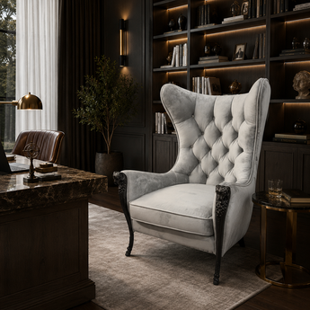 Throne King Crystal Tufted Upholstered Velvet Solid Wood Lamb Hand Sculptured Armchair - Silver