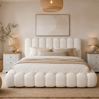 🟢 NEW IN STOCK KING 3 Piece Tiramisu Teddy Boucle Cloud Bedroom Set with 2 Tenxi Bedside Table Nightstand Gas Lift Storage Scandinavian Luxury