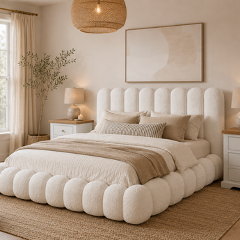 🟢 NEW IN STOCK KING 3 Piece Tiramisu Teddy Boucle Cloud Bedroom Set with 2 Tenxi Bedside Table Nightstand Gas Lift Storage Scandinavian Luxury