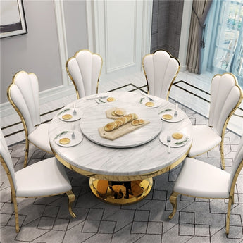 Versus Modern Luxury Marble Top Gold Frame Round Dining Table with Lazy Susan