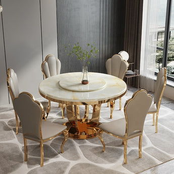 Versus Modern Luxury Marble Top Gold Frame Round Dining Table with Lazy Susan