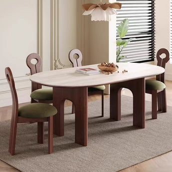 YUNA Modern Luxury Solid Wood Travertine Sintered Stone Dining Table - Cocoa Walnut