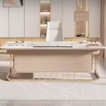 Rose Gold Marble Office Desk with Drawers & Built-In USB Power