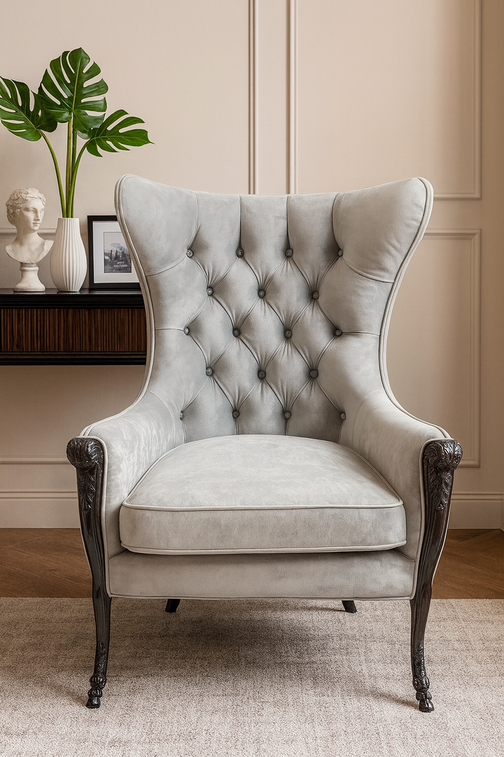 ChatGPT Image Dec 7, 2025, 01_34_38 PM Throne Queen Velvet Armchair – Grey - Image 1