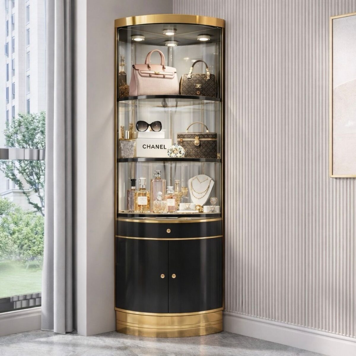 wm02 black Alessia Elegant Corner Display Cabinet - Black - Image 1