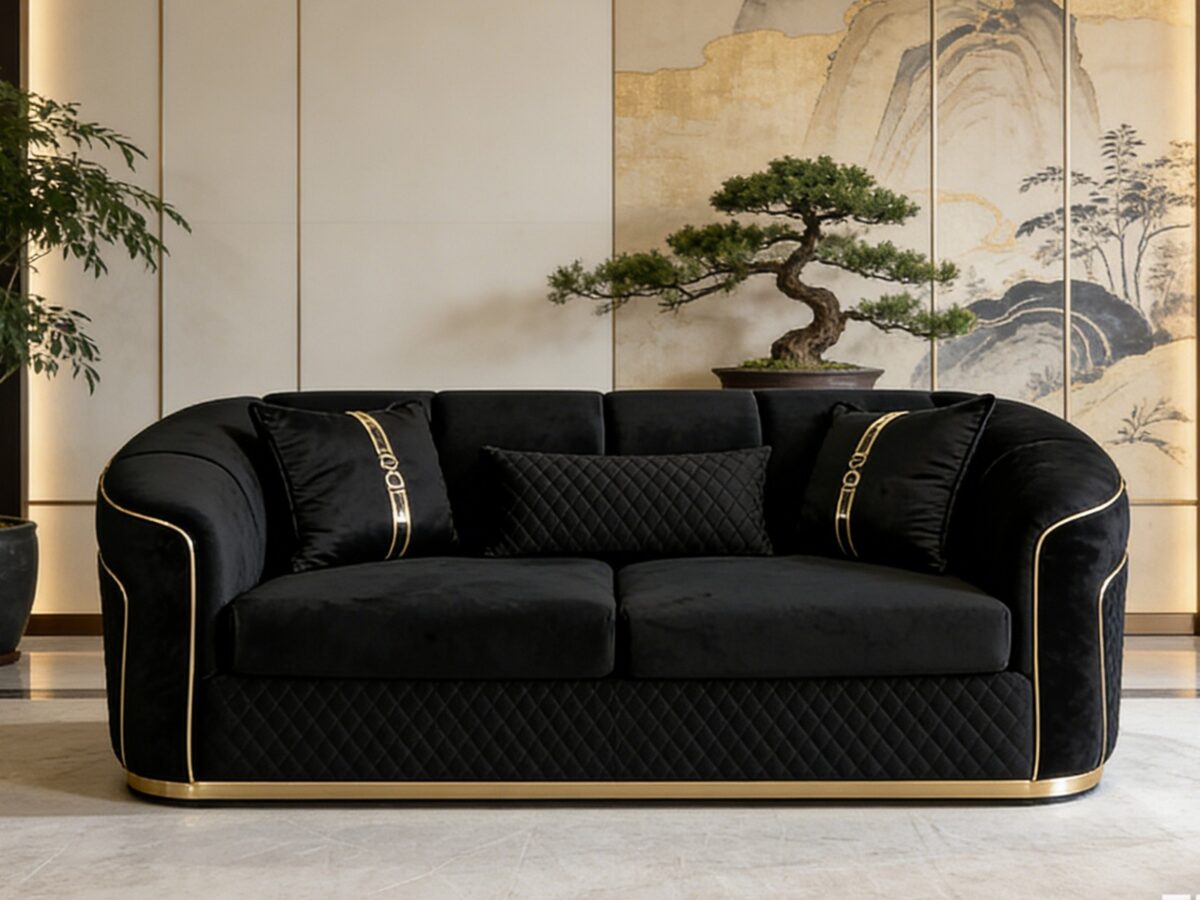 SAUDI Living Suite Upholstered Velvet Sofa Set - Black - Image 3