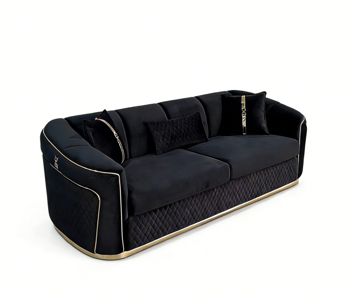 SAUDI Living Suite Upholstered Velvet Sofa Set - Black - Image 4