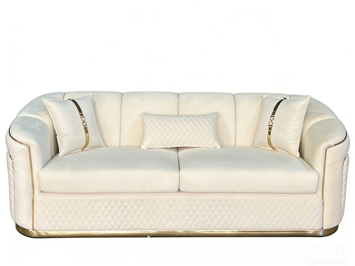 SAUDI Living Suite Upholstered Velvet Sofa Set - Cream - Image 5