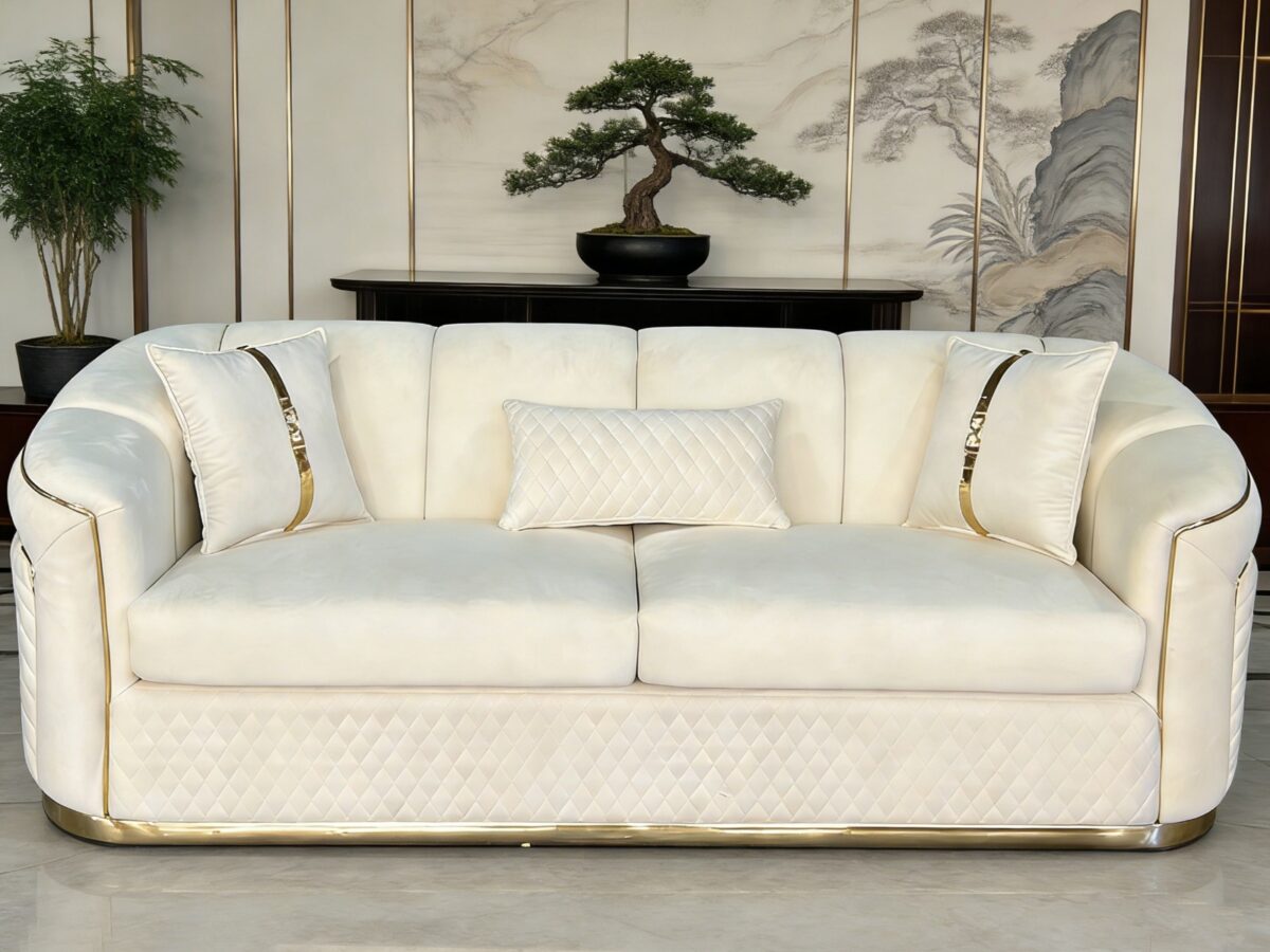 SAUDI Living Suite Upholstered Velvet Sofa Set - Cream - Image 2